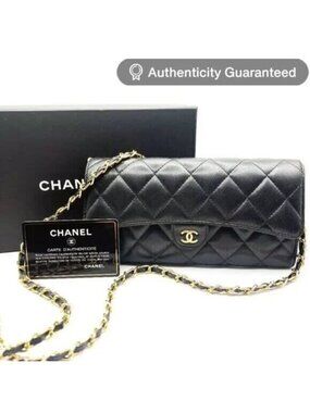 Chanel Lambskin Quilted Leather Wallet Chain Flap Black Purse Tote